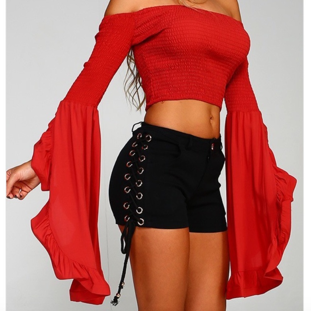 Orange Bell Sleeve Off-The-Shoulder Crop Top